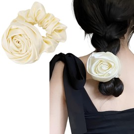 Satin Rose Hair Scrunchies Flower Hair Bows for Women Girls Silk Scrunchy Hair Elastics for Long Thick Hair Rubber Bands with Rose Flower Hair Ponytail Holders for Teen Girls