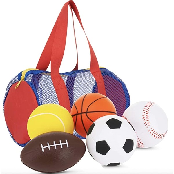 Neliblu Foam Sports Toys + Free Bag, Set of 5 – with Soccer Ball, Basketball, Football, Baseball and Tennis Ball - Perfect for Small Hands to Grab for Baby Kids, Toddlers 1-3
