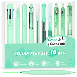 Gel Pens, 10 Pcs Pastel Green for Journaling, Cute 0.5mm Fine Point Retractable, Aesthetic Writing With Highlighter, Multicolor Ballpoint for School, Office Supplies, Bible Set