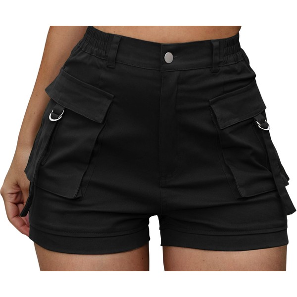 ZODLLS Women's Shorts Elastic Waist Cargo Shorts with Pockets Black