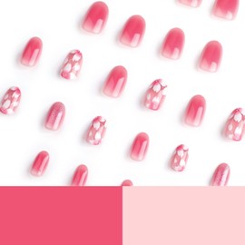 Pink Press on Nails Short Almond SWEKKE Fake Nails Full Cover Flower False Nails with Designs Pink Aurora Glossy Glue on Nails Stick on Nails Acrylic Nails Artificial Nails for Women Girls 24Pcs