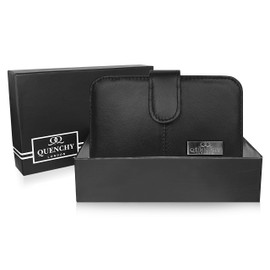 Quenchy London Real Leather Purse RFID Blocking with 2 Zipped Coin Sections, 5 Coin Trays, 6 Credit Debit Cards Spaces Slots 14cm x10 x3 QL225QAX (Black Gift Boxed)