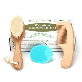 Baby Hair Care Kit, Wooden Natural Goat Bristles Brush Cradle Cap Comb + Green Baby Shower Scrubber Set for Newborns Toddlers Boys Girls Baby Grooming Kit