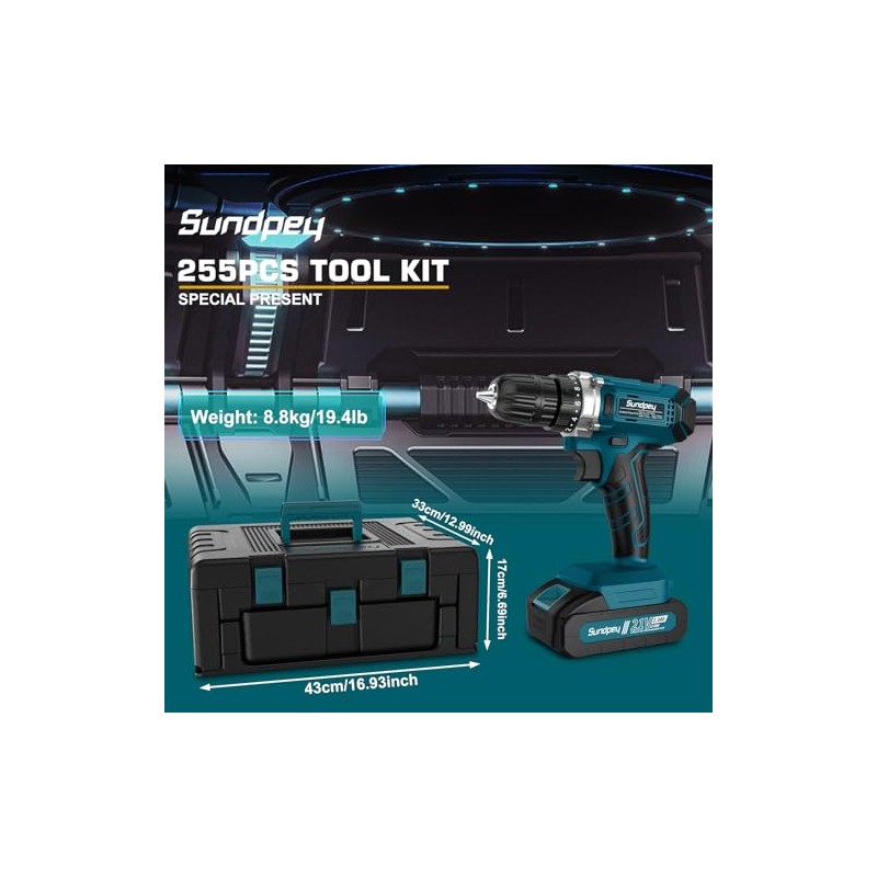 Tool Kit with 21V Cordless Drill - Sundpey 255-PCs Portable