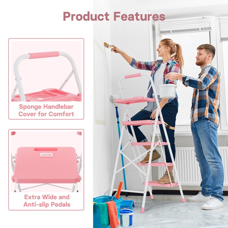 BONTEC 4-Step Ladder, 400lbs Max Load, Folding Step Stool with