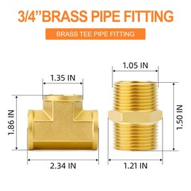 GASHER - 1 accesorios de tubería en T de latón, 3/4 pulgadas NPT hembra x 3/4 pulgadas NPT hembra x 3/4 pulgadas, accesorios de tubería macho NPT macho