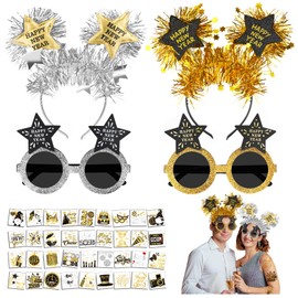 HOWAF New Years Eve Party Decorations Accessories, Glitter Happy New Year Headband New Year Party Glasses 2025 Glasses New Year Tattoos Photo Booth Props for Happy New Year Decorations 2025