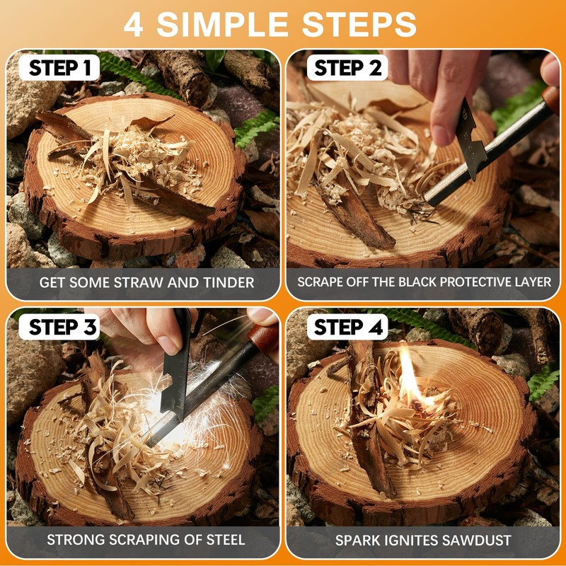 Survival Fire Starter - Handmade Wooden Handle 3/8" Thick Ferro