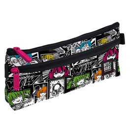 Grafoplás Flat Pencil Case | 2 Pockets | 23 x 10 cm | Zipped Compartments | Easy Open Handles | Yuku Collection | Bits & Bobs Pop Up Design, Black, 23 x 10 cm, Flat Pencil Case, black, Flat School
