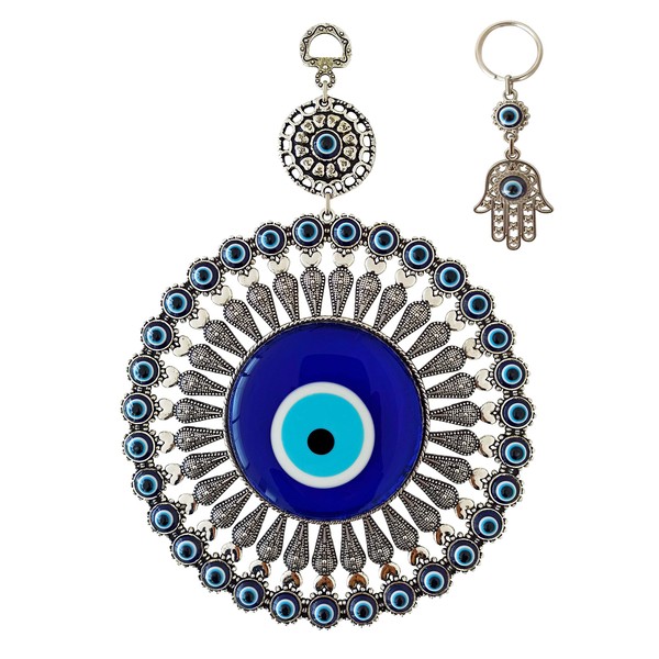 Erbulus Large Glass Turkish Blue Evil Eye Wall Hanging Ornament with Little Hearts – Turkish Nazar Bead - Home Protection Charm with Hamsa Keychain - Wall Decor Amulet in a Box