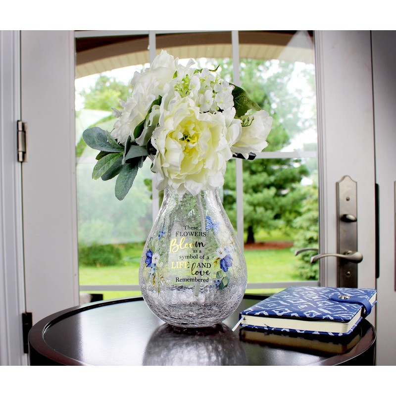 Lillian Rose Crackle Glass Memorial Flower Vase with Sympathy Verse