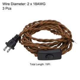uxcell 15Ft 18/2 Cloth Covered Lamp Cord with Plug, 3 Pcs Vintage Electrical Lamp Cord with Stripped Ends for Extension Wiring DIY Repairing, Light Brown