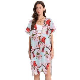 Kjovgcb Women's Swimwear Cover Ups, Short Sleeve Summer Beach Casual Loose Cardigans Kimono Swimsuit Coverups M Print Two Red Cardinal Bird on Branch Almonds Blossom Flowers