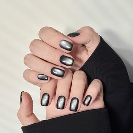 LEVGAL Nail Tips, Magnets, Black, 24 Pieces, Fake Nails, Short Magnetic Nails, Popular Nails, Japanese Style, Cute, Double-Sided Tape, Stylish, Simple, Coming-of-Age Ceremonies, Weddings, School Entrance Ceremonies, Graduation