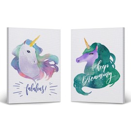 Smile Art Design Watercolor Paint Unicorn Wall Decor Keep Dreaming Quote Gift 2 PANEL CANVAS PRINT SET Kids Room Decor Wall Art Baby Room Decor Nursery Decor Ready to Hang Made in the USA-(12x8) x2