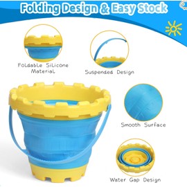 3L Sandburg Beach Bucket Toy 2 Pieces, Colourful Sand Beach Bucket for Children, Toddlers, Outdoors, Sandpit, Sandcastle Shaped Bucket with Mesh Bag, Snow, Backyard, No 2 Pack