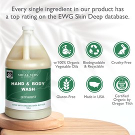 SoCal Suds & Company 128oz Certified Organic Hand & Body Wash w/Shea Butter- Gentle Natural Body Wash for Sensitive Skin, Moisturizing Liquid Body Castile Soap- Peppermint