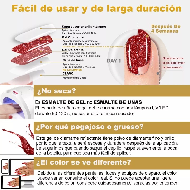 SHINETOUE Esmalte Uñas Gel Diamante Reflectante Brillante Purpurina
