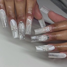 Christmas Press on Nails Xmas Fake Nails with Winter Snowflake Spiral Rhinestone Design Glossy Silver Glitter False Nails Long Square Artificial Nails Reusable Stick on Nail for Women Holiday Manicure