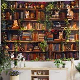 Accnicc Plant Cat Bookshelf Tapestry Botanical Floral Flower Cats Book Tapestries Wall Hanging Vintage Library Small Tapestry for Bedroom Living Room Dorm 60 x 44 inch