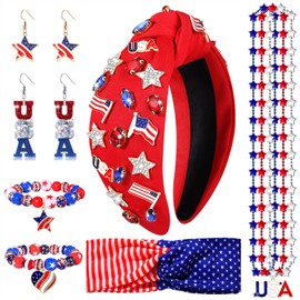 4th of July Accessories for Women American Flag Headband USA Earrings Star Bead Necklace Red Blue White Beaded Stretch Bracelet USA Fourth of July Patriotic Accessories Outfits Party Favors (Set A)