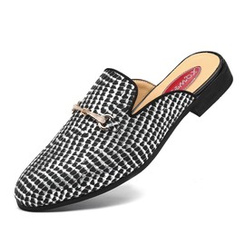 XQWFH Men's Slip-on Mule Loafer with Glitter Fish Scales Stripe Pattern, Fashion Leather Formal Wear Casual Backless Dress Slippers (Black)
