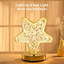 Lewondr Star Table Lamp, Stepless Dimmable Touch Lamp with 3 Colors, Rechargeable Night Light with USB Port, Crystal Star Light Bedside Lamp for Nightstand Desk Bedroom Living Room Home Decor