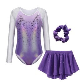 Girls Shiny Rhinestone Gymnastics Leotard Dance Sports Outfit Sparkly Long Sleeve Athletic Unitard with Skirt Hairband Set Purple 5-6 Years