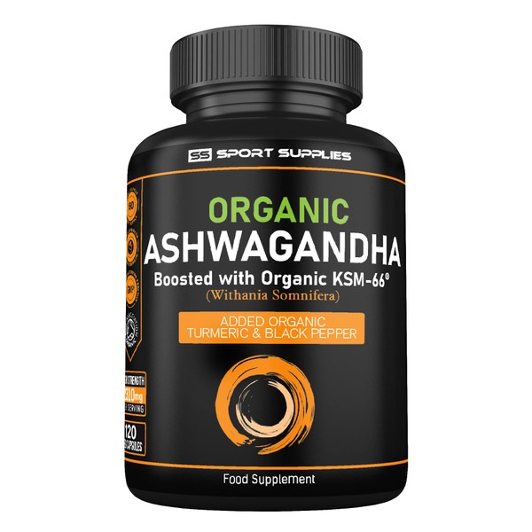 Organic Ashwagandha Capsules 1200mg Boosted with 100mg of Organic KSM-66 with 5% Withanolides with Added Organic Turmeric 200mg and Organic Black Pepper - Providing 1500mg Per Serving