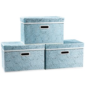 PRANDOM Collapsible Storage Cubes with Lids Fabric Decorative Storage Bins Boxes Organizer Containers Baskets with Cover Handles for Bedroom Closet Living Room 14.9x9.8x9.8 Inch 3 Pack