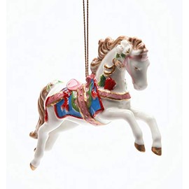 Fine Porcelain Christmas Holidays White Carousel Horse Tree Ornament Figurine, 4-7/8" L