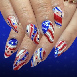 4th of July Press on Nails Medium Almond Fake Nails with Red Blue White Stripe Design Independence Day Star False Nail Glitter Full Cover Patriotic Glue on Nail For Women 24 Pcs