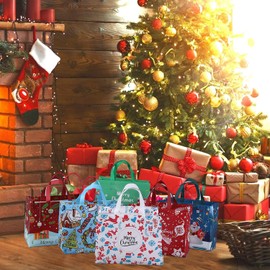 Pack of 8 Christmas Gift Bags, Large, 32.5 x 25 x 17 cm Gift Bags, Christmas Gift Bags, Christmas Bags with Handles, Reusable Christmas Gift Bags