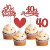 24Pcs 40th Ruby Wedding Anniversary Cupcake Toppers, Red Glitter Heart