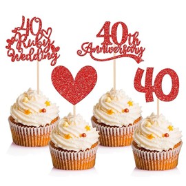24Pcs 40th Ruby Wedding Anniversary Cupcake Toppers, Red Glitter Heart Cupcake Topper, for Celebration Happy 40th Wedding Anniversary Party Decorations