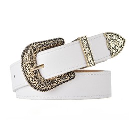 JK Home Retro Floral Carved Metal Buckle Cowgirl Belt, 28mm Wide PU Leather Western Vintage Hollow Out Flower Buckle Cowboy Belt Adjustable Unisex Waistband for Jeans Pants Dresses Gold White