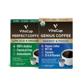 VitaCup Perfect Low Acid Coffee Pods, USDA Organic & Fair Trade, Mycotoxin Free, Dark Roast,24 CT | VitaCup Genius Organic Coffee Pods, Infused with MCT Oil, Turmeric, & B Vitamins, 24 CT
