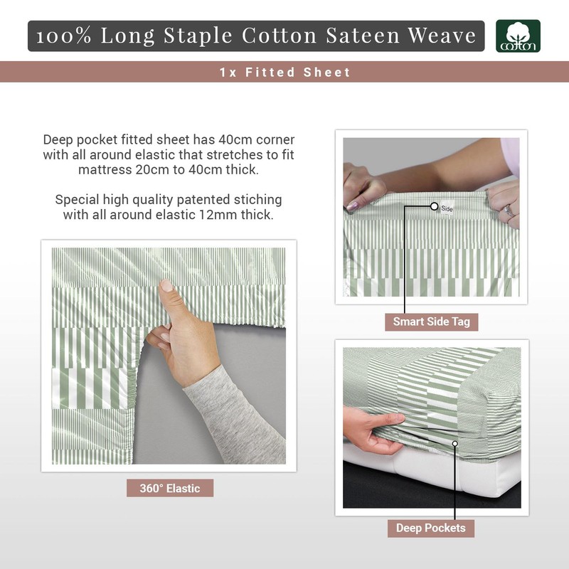 Pizuna Cotton Cascade Stripe Green Print Single Fitted Sheet 1