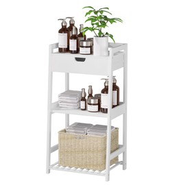 POXAKA Bathroom Shelves, 3 Tier Ladder Shelf with Drawers, Bamboo Bookshelf Open Shelving, Nightstand Bookcase End Table Plant Stand for Living Room, Bedroom, Bathroom, Kitchen