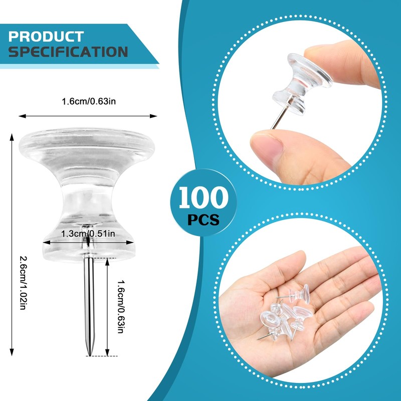 100 Pack Large Push Pins Clear Thumb Tacks 1 Inch