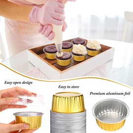 Gejoy 400 Pcs Disposable Ramekins with Lids Aluminum Foil Baking Cups 5 oz Mini Cupcake Liners Creme Brulee Muffin Pans Mold Dessert Tin Container for Christmas Wedding Birthday Party (Gold)