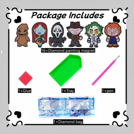 16 Pcs Diamond Painting Magnets Kits Diamond Art Fridge Magnet Refrigerator Sticker Diamond Painting kit for Beginners Adults DIY Art Craft Gifts Home Decors (Horror)