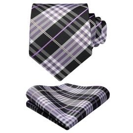 Black Purple Plaid Ties for Men Tie with Pocket Square Set Formal Plain Striped Eggplant Necktie Handkerchief Satin Neckties Wedding Party Business