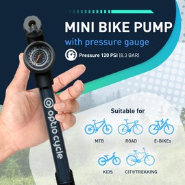 Optio Cycle Mini Pump with Pressure Gauge 120 PSI (8,3 Bar) Small Bike Pump | Bike Pumps For All Bikes | Portable Bike Pump | Mini Pump Bike | Presta Valve Pump | Mini Bike Pump | Hand Pump