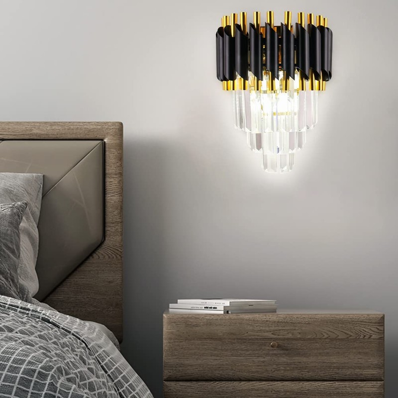 FRIXCHUR Crystal Wall Sconce Black Modern Lamp Mounted Light Fixture