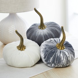 Set of 3 Velvet 6.25 Inch Pumpkins, silver platinum accent decor, wedding centerpiece, cozy fall vibe, elegant luxe gift set, tiered tray kitchen set, hygge home (Luxe Platinum, Gray, Ivory)