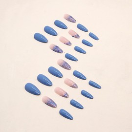 Pack of 24 Almond Nails for Sticking, Medium, Blue French Press on Nails Artificial Nails with Design, Oval Glitter Acrylic Fingernails, Fake Nails, Summer False Nails for Women and Girls