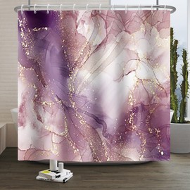 Xiaoterna Marble Shower Curtain, Purple Gold Splatter Textile Bathroom Curtain, Mixed, Purple, White, Golden Splash, Colourful Marble Shower Curtain, Machine Washable, Waterproof Fabric, 150 x 180 cm