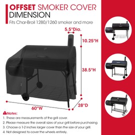 Unicook Offset Smoker Cover 60 Inch, Outdoor Heavy Duty Waterproof Charcoal BBQ Grill Cover, Fade Resistant, Compatible for Brinkmann, Char-Broil, Royal Gourmet and More, Black