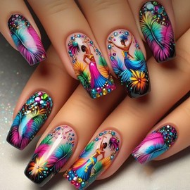 Medium Coffin Press on Nails Spring Summer Fake Nails Colorful Flower Glue on Nails Hottie Stick on Nails Glossy False Nails Full Cover Artificial Acrylic Nails Reusable Nails Kit for Women Girl 24Pcs